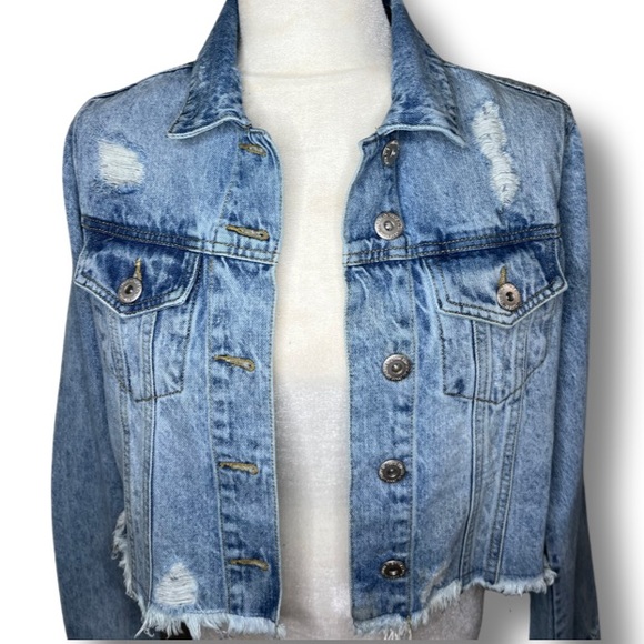 HIGHWAY PREMIUM DENIM JEANS Distressed Crop Jean Jacket - Picture 2 of 7